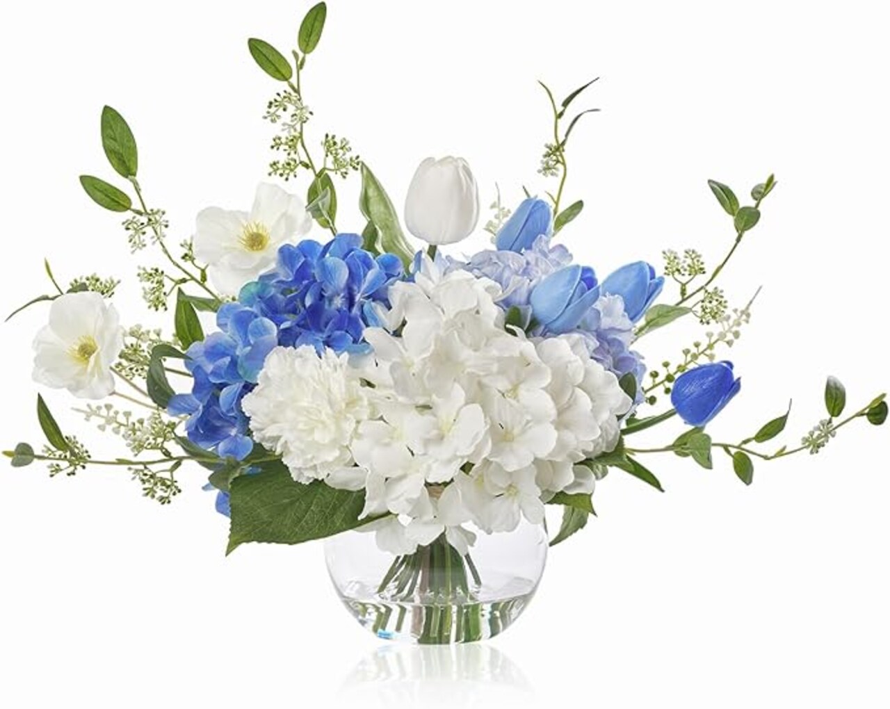 Artificial Flowers with Vase, Blue Silk Hydrangea and Peony Bouquet with Faux Water, Fake Tulips Flower Arrangement for Home Decor, Wedding & Party Table Centerpieces